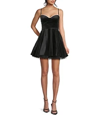 B. Darlin Velveteen Sweetheart Neck Lace Trim Skater Dress
