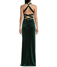 B. Darlin Wide Strap V-Neck Lace Up Back Strap Velvet Dress