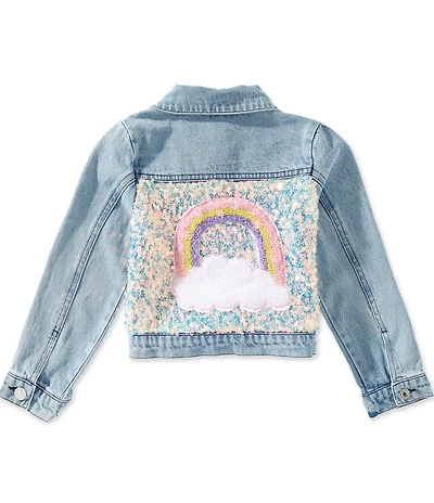 Baby Sara Little Girls Long Sleeve Iridescent Sequin and Applique Rainbow Denim Jacket