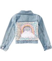 Baby Sara Little Girls Long Sleeve Iridescent Sequin and Applique Rainbow Denim Jacket