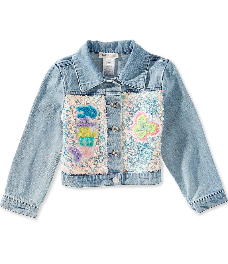 Baby Sara Little Girls Long Sleeve Iridescent Sequin and Applique Rainbow Denim Jacket