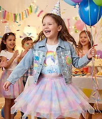 Baby Sara Little Girls Long Sleeve Iridescent Sequin and Applique Rainbow Denim Jacket