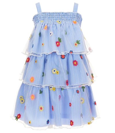 Baby Sara Little Girls Sleeveless Flower Embroidered Mesh Overlay Striped Tiered Dress