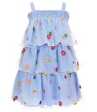 Baby Sara Little Girls Sleeveless Flower Embroidered Mesh Overlay Striped Tiered Dress