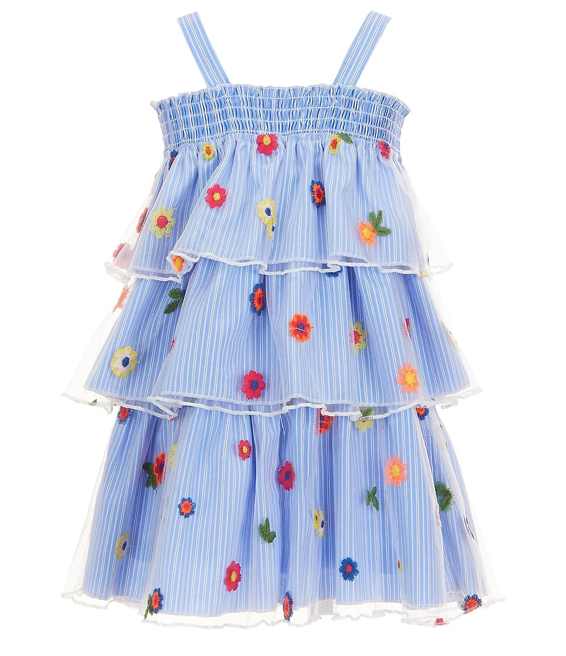 Baby Sara Little Girls Sleeveless Flower Embroidered Mesh Overlay Striped Tiered Dress