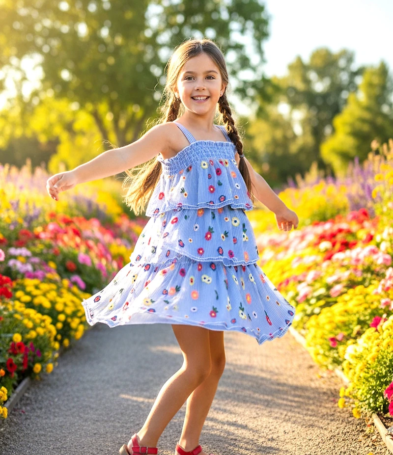 Baby Sara Little Girls Sleeveless Flower Embroidered Mesh Overlay Striped Tiered Dress