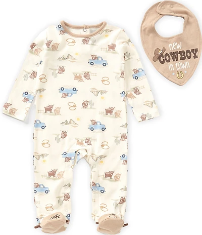 Baby Starters Baby Boys Long Sleeve Western Print Footed Coverall & Coordinating Bib