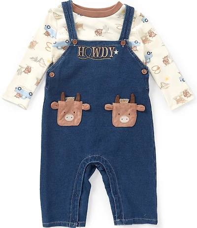 Baby Starters Baby Boys Sleeveless Denim Look Knit Overalls & Long Sleeve Western Print T-Shirt Set
