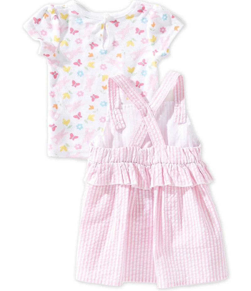 Baby Starters Baby Girls Bunny Print Short Sleeve T-Shirt & Woven Seersucker Stripe Bunny Applique Ruffle Bow Detail Dress Set