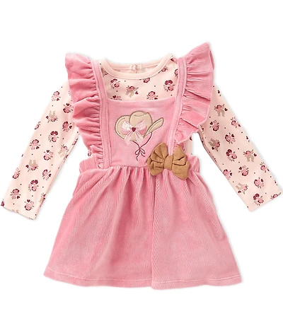 Baby Starters Baby Girls Corduroy Sleeveless Cowboy Hat Jumper Dress & Long Sleeve Floral Horseshoe Print T-Shirt Set