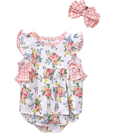 Baby Starters Baby Girls Flutter Sleeve Gingham Bow Peached Poplin Cotton Sunsuit Set