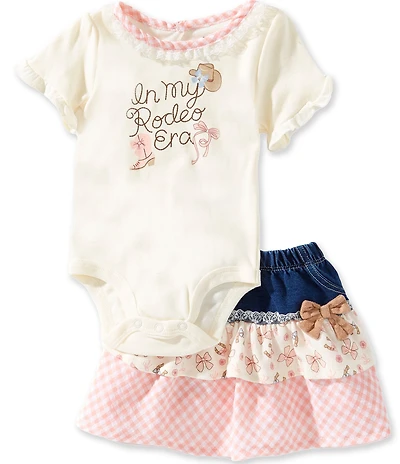 Baby Starters Baby Girls Short Sleeve In my Rodeo Season Gingham Lace Ruffle Trim Bodysuit & Tiered Mixed Media Denim Skirt Set