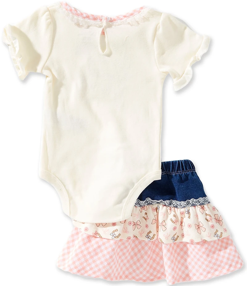 Baby Starters Baby Girls Short Sleeve In my Rodeo Season Gingham Lace Ruffle Trim Bodysuit & Tiered Mixed Media Denim Skirt Set