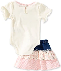 Baby Starters Baby Girls Short Sleeve In my Rodeo Season Gingham Lace Ruffle Trim Bodysuit & Tiered Mixed Media Denim Skirt Set
