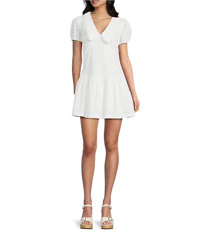 Bailey Rose Eyelet V-Neck Peter Pan Collar Short Sleeve Drop Waist Mini Dress