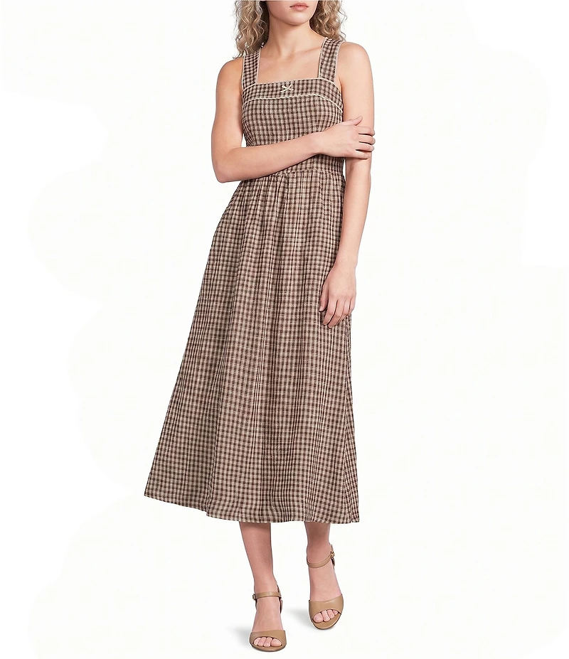 Bailey Rose Gingham Square Neck Sleeveless Smocked Bow Midi Dress