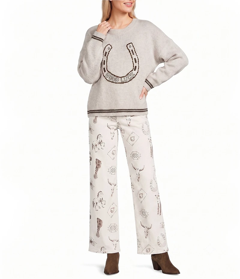 Bailey Rose Western Horseshoe Print Wide Legged Jeans