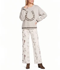 Bailey Rose Western Horseshoe Print Wide Legged Jeans