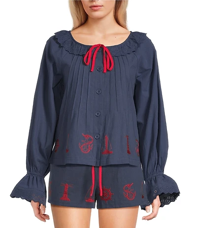 Bailey Rose Nantucket Embroidered Hem Long Sleeve Tie Neck Coordinating Top