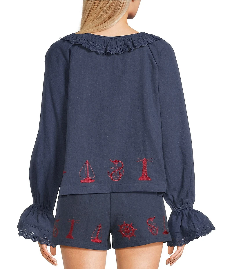 Bailey Rose Nantucket Embroidered Hem Long Sleeve Tie Neck Coordinating Top