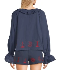 Bailey Rose Nantucket Embroidered Hem Long Sleeve Tie Neck Coordinating Top