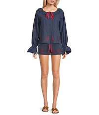 Bailey Rose Nantucket Embroidered Hem Long Sleeve Tie Neck Coordinating Top
