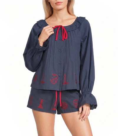 Bailey Rose Nantucket Embroidered Hem Long Sleeve Tie Neck Coordinating Top