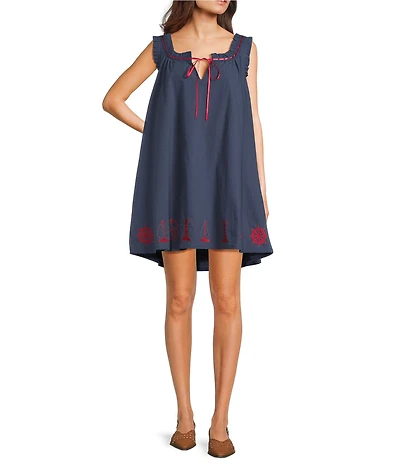 Bailey Rose Nantucket Scoop Tie Neck Sleeveless Embroidered Hem Mini Dress