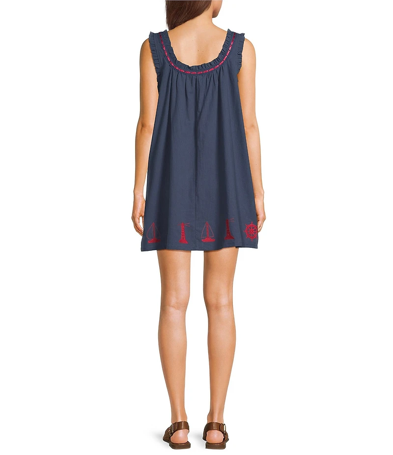 Bailey Rose Nantucket Scoop Tie Neck Sleeveless Embroidered Hem Mini Dress
