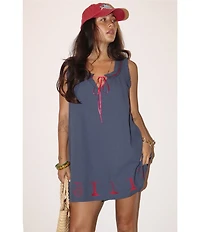Bailey Rose Nantucket Scoop Tie Neck Sleeveless Embroidered Hem Mini Dress