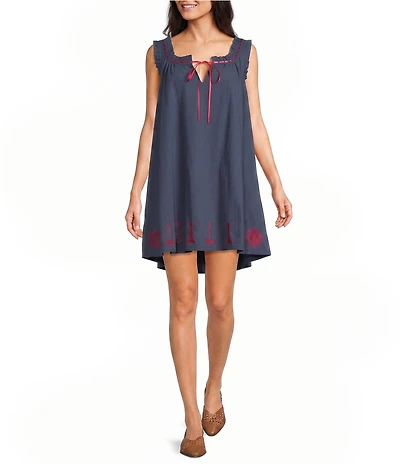Bailey Rose Nantucket Scoop Tie Neck Sleeveless Embroidered Hem Mini Dress