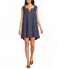 Bailey Rose Nantucket Scoop Tie Neck Sleeveless Embroidered Hem Mini Dress