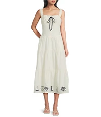 Bailey Rose Nantucket Square Neck Sleeveless Embroidered Hem Tie Front Maxi Dress