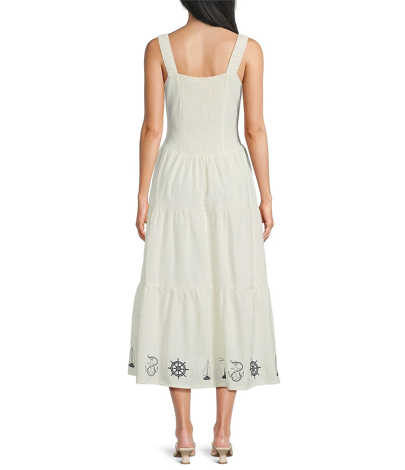 Bailey Rose Nantucket Square Neck Sleeveless Embroidered Hem Tie Front Maxi Dress