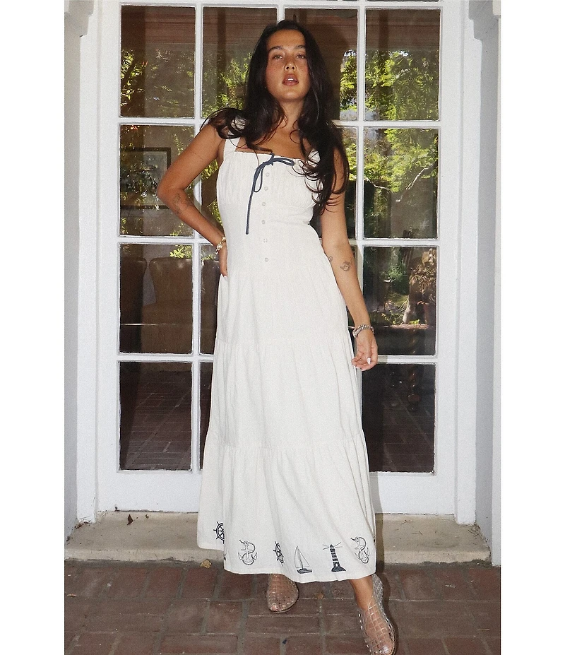 Bailey Rose Nantucket Square Neck Sleeveless Embroidered Hem Tie Front Maxi Dress
