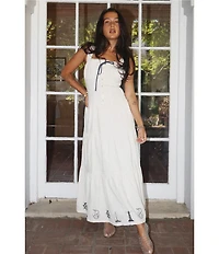 Bailey Rose Nantucket Square Neck Sleeveless Embroidered Hem Tie Front Maxi Dress