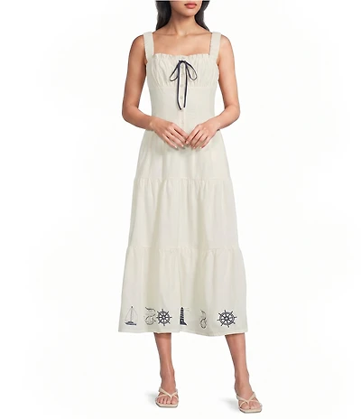 Bailey Rose Nantucket Square Neck Sleeveless Embroidered Hem Tie Front Midi Dress