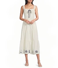 Bailey Rose Nantucket Square Neck Sleeveless Embroidered Hem Tie Front Midi Dress