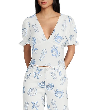 Bailey Rose Seashell Print V-Neck Coordinating Short Sleeve Top
