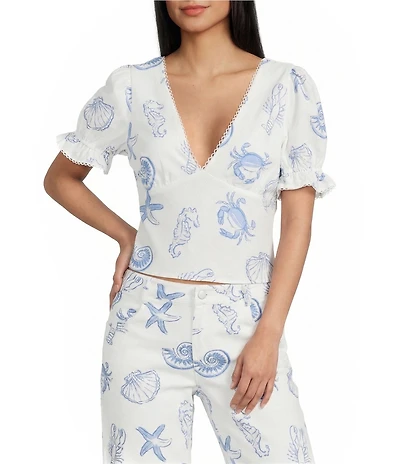 Bailey Rose Seashell Print V-Neck Coordinating Short Sleeve Top