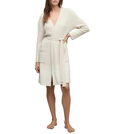 Barefoot Dreams CozyChic Lite® Long Sleeve V-Neck Stripe Ribbed Short Robe
