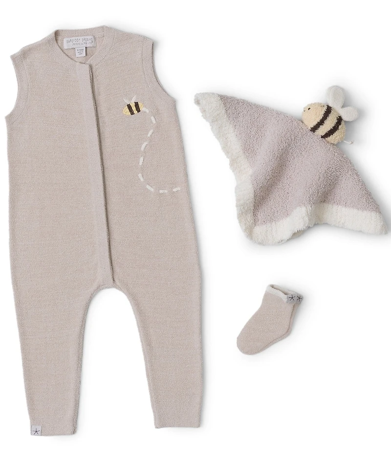 Barefoot Dreams CozyChic Ultra Lite Baby Boys Bee Sleeveless Coverall, Lovey, & Sock Set