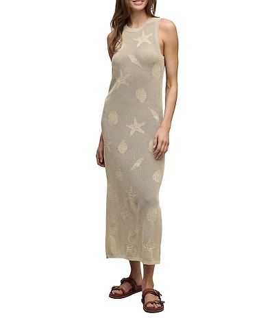 Barefoot Dreams Sunbleached Shell Motif Sleeveless Crew Neck Open Knit Midi Dress