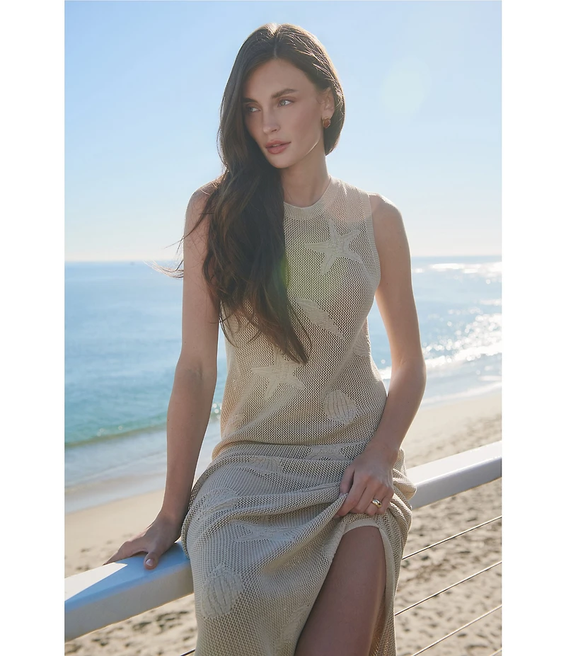 Barefoot Dreams Sunbleached Shell Motif Sleeveless Crew Neck Open Knit Midi Dress