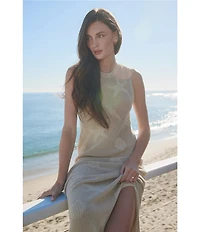 Barefoot Dreams Sunbleached Shell Motif Sleeveless Crew Neck Open Knit Midi Dress