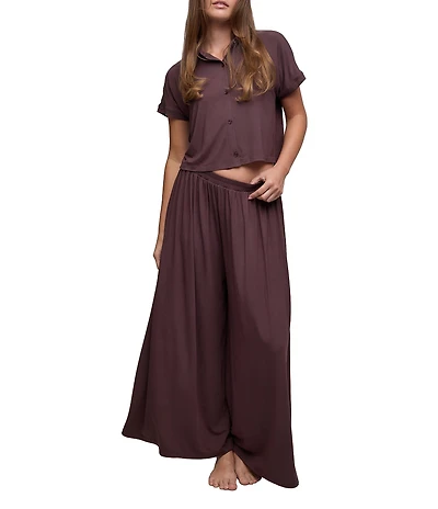 Barefoot Dreams Ultra Soft Jersey Knit Short Sleeve Point Collar Wide Leg Long Sleep Set