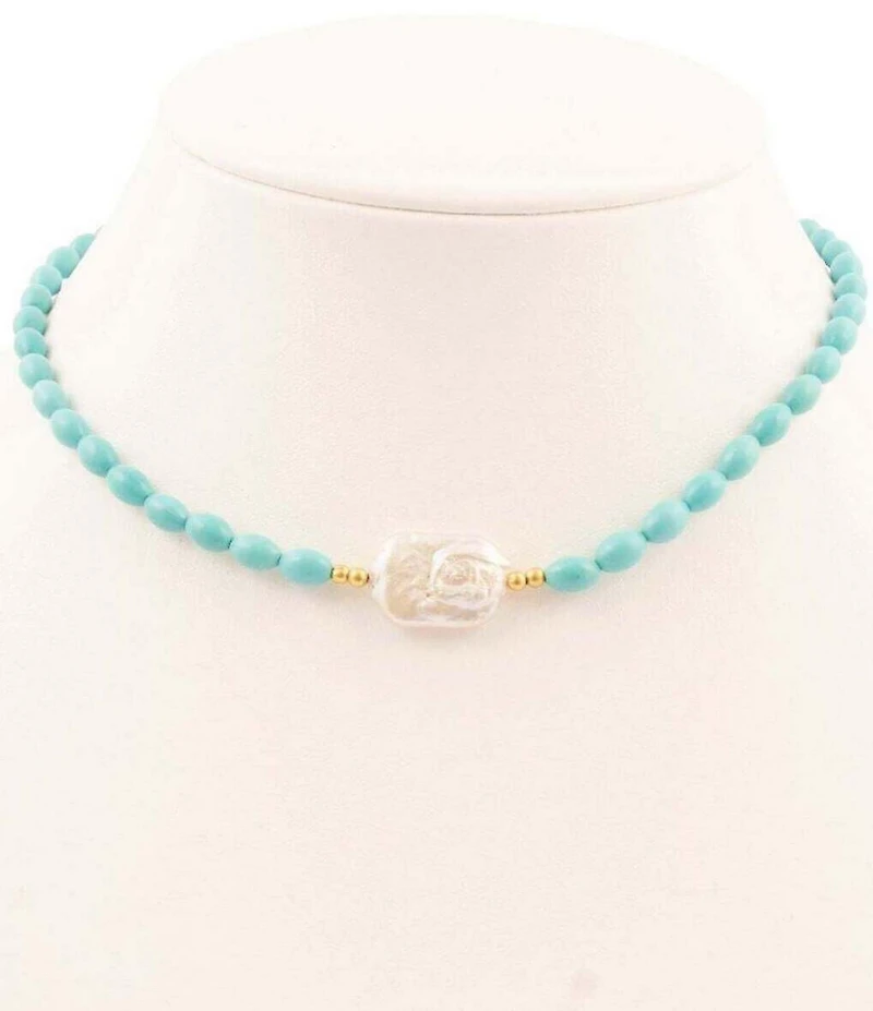 Barse Beach Ready Turquoise Magnesite and Pearl Collar Necklace
