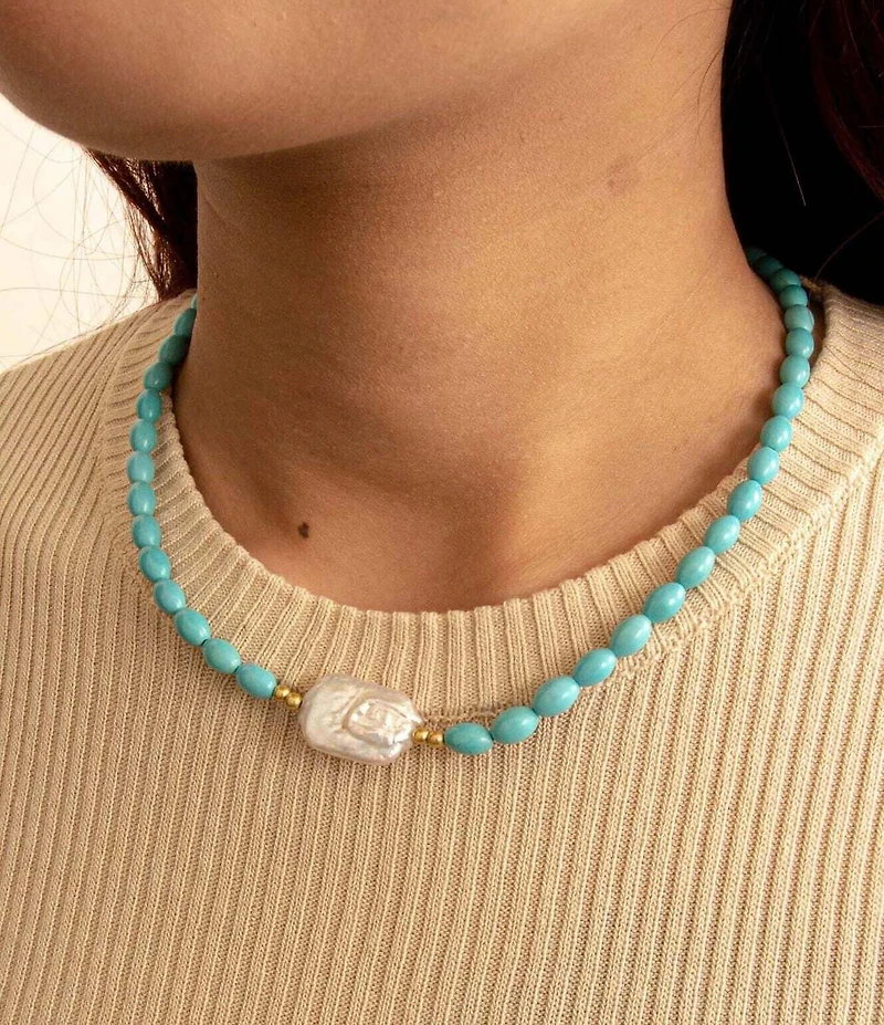 Barse Beach Ready Turquoise Magnesite and Pearl Collar Necklace