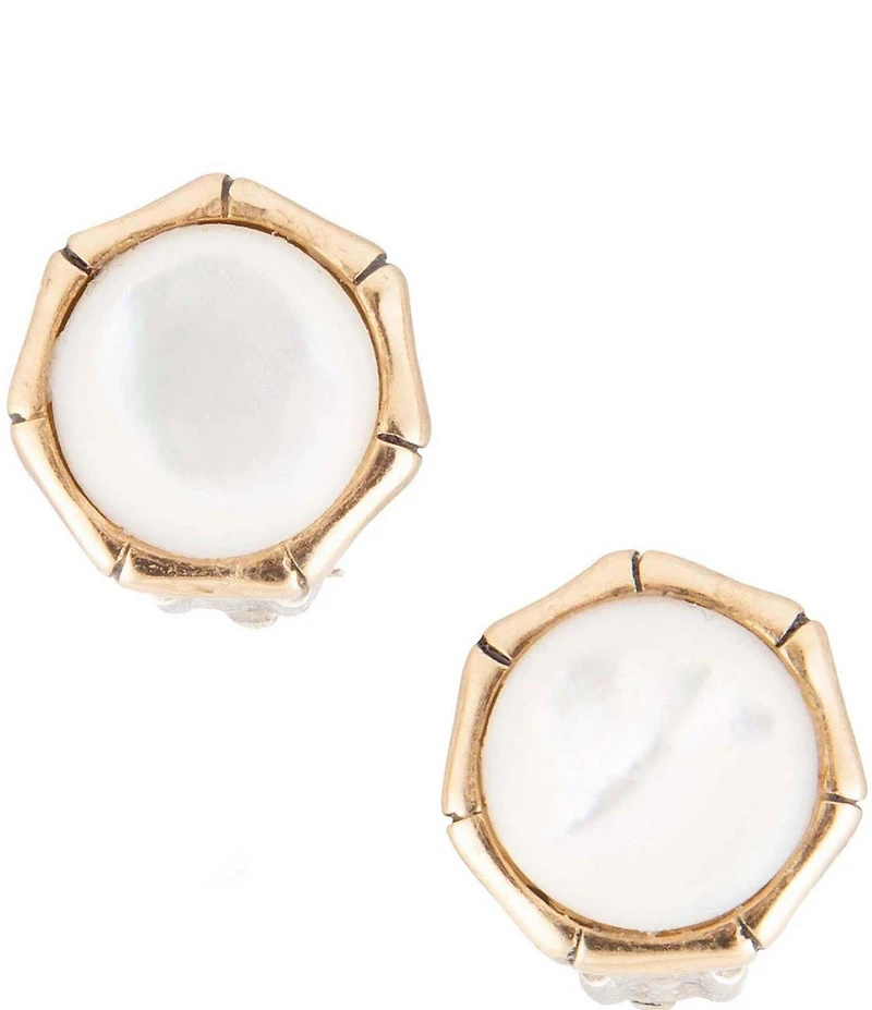 Barse White Mother of Pearl Golden Bamboo Clip Earrings