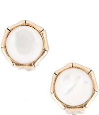 Barse White Mother of Pearl Golden Bamboo Clip Earrings